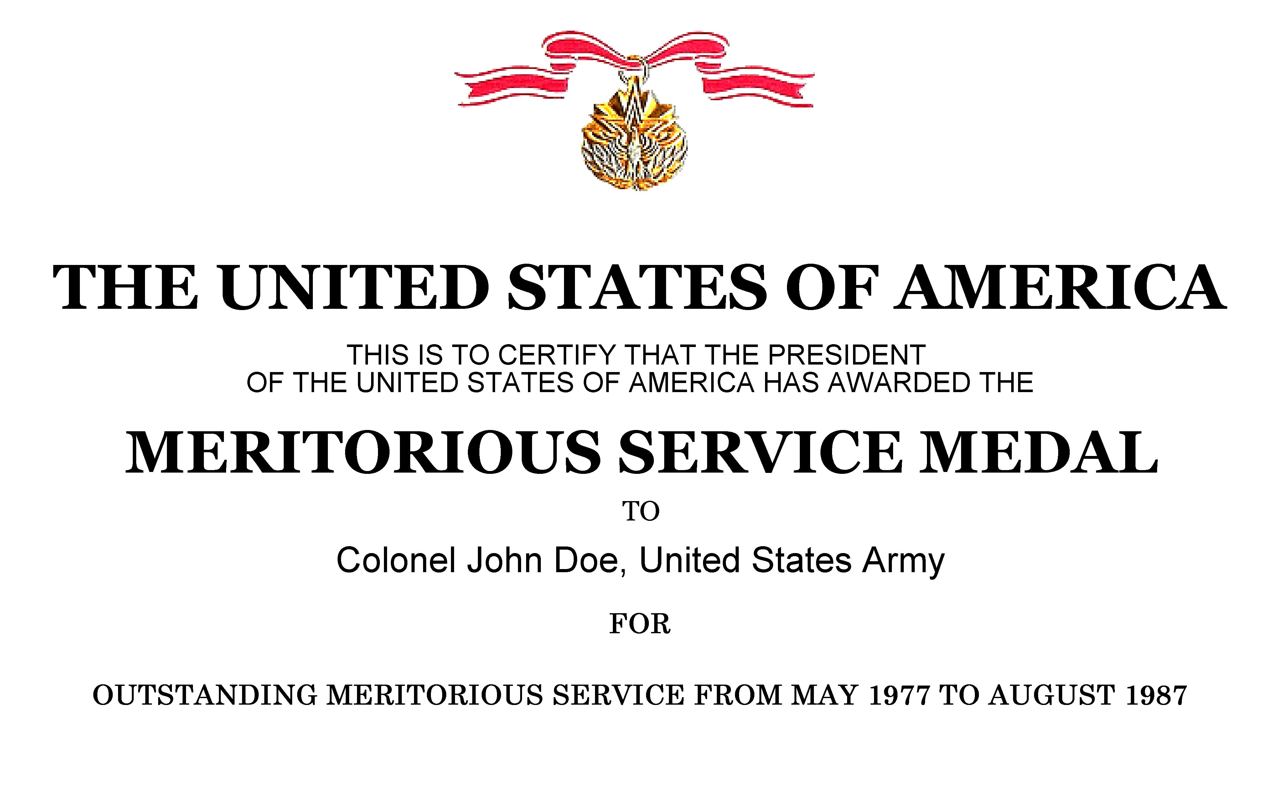 Meritorious Service Medal Certificate